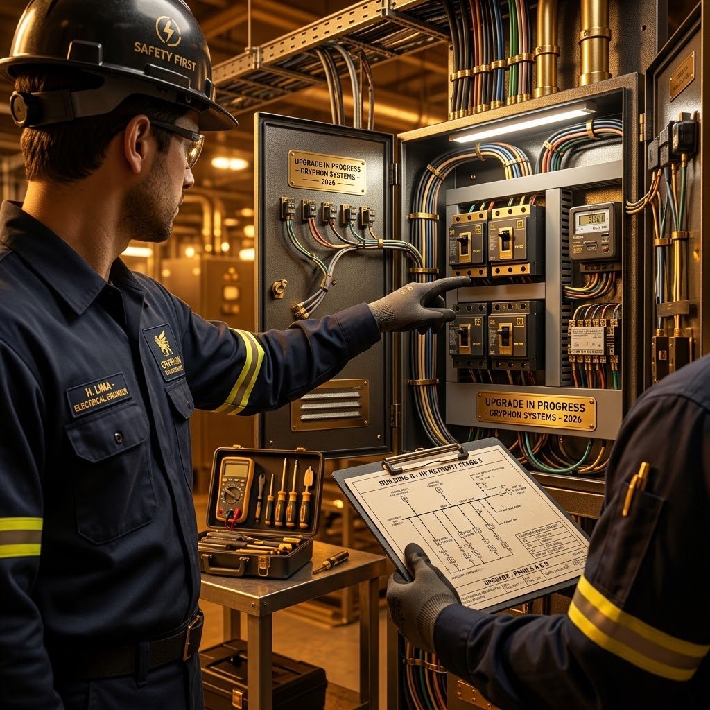 Engenheiro elétrico analisando projeto e painel elétrico em retrofit predial