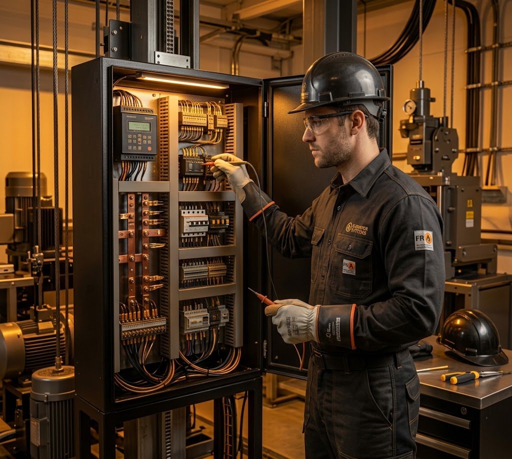 Técnico realizando vistoria e manutenção de elevador